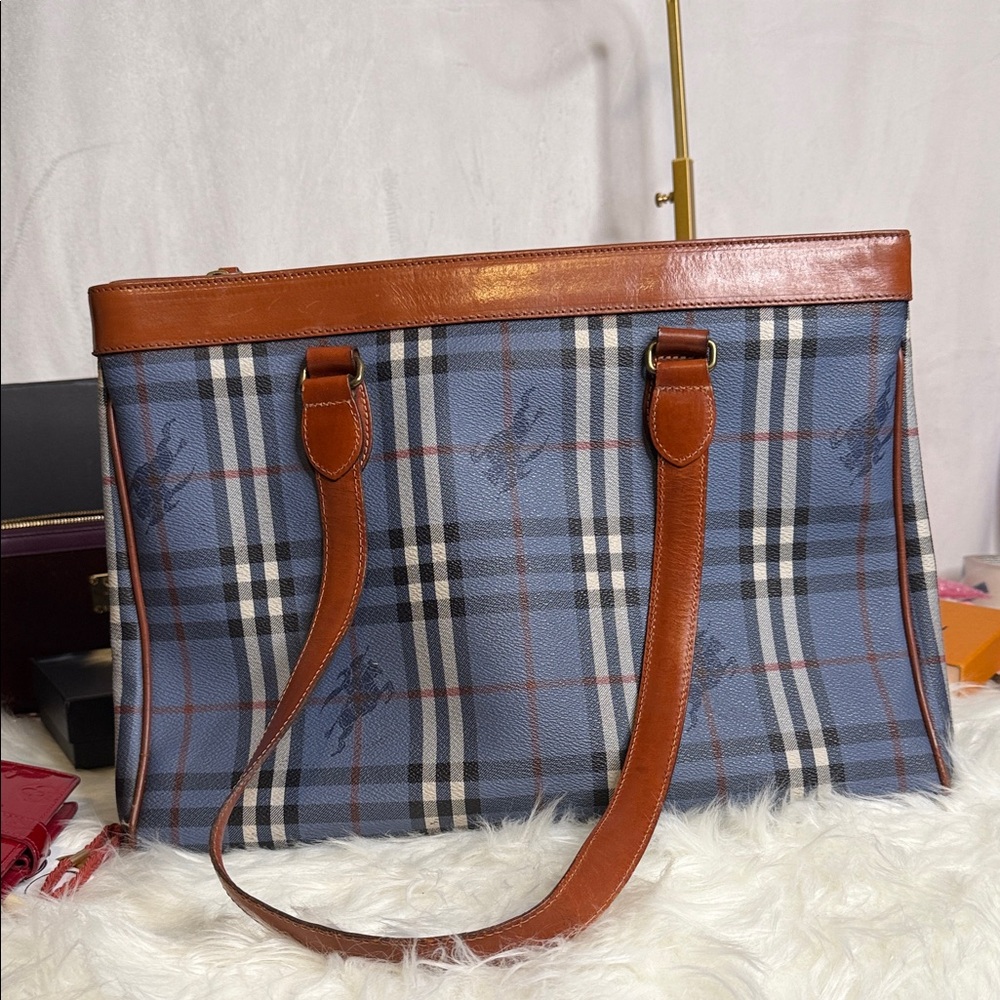 Vintage Burberry Blue Label Blue Nova Check Zip Tote Bag - Picture 2 of 14